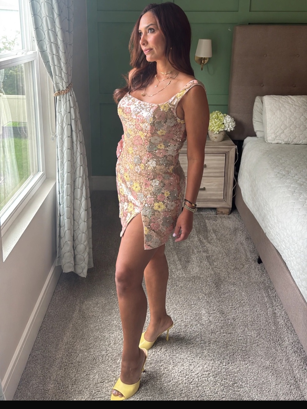 SHEIN Pastel Floral Sequin Mini Dress in Pink and Yellow